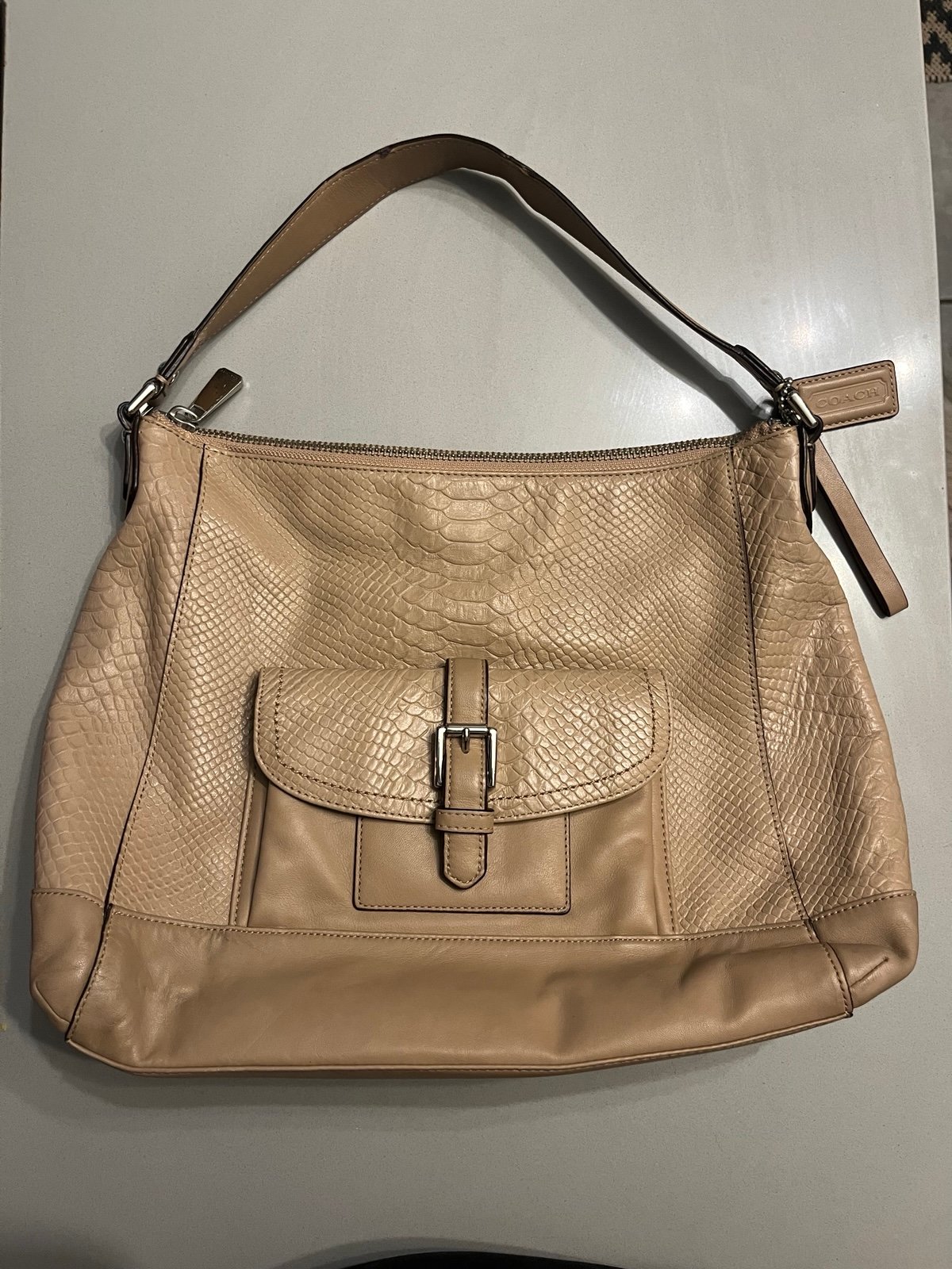 Coach Charlie Python Embossed Leather Shoulder Bag Beige Zip Closure
