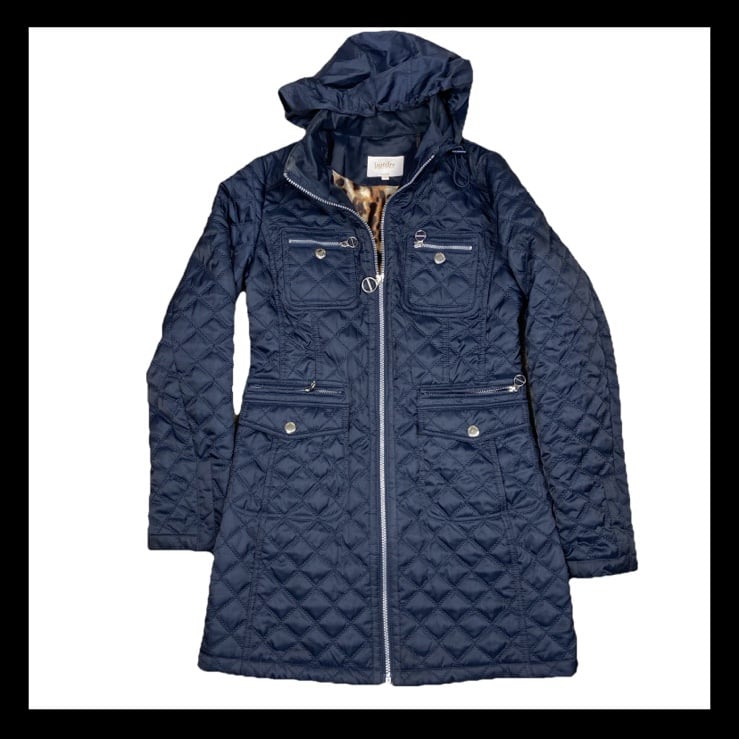 laundry by shelli segal coat Quilted Jacket Parks Blue Leopard Hood Women Small