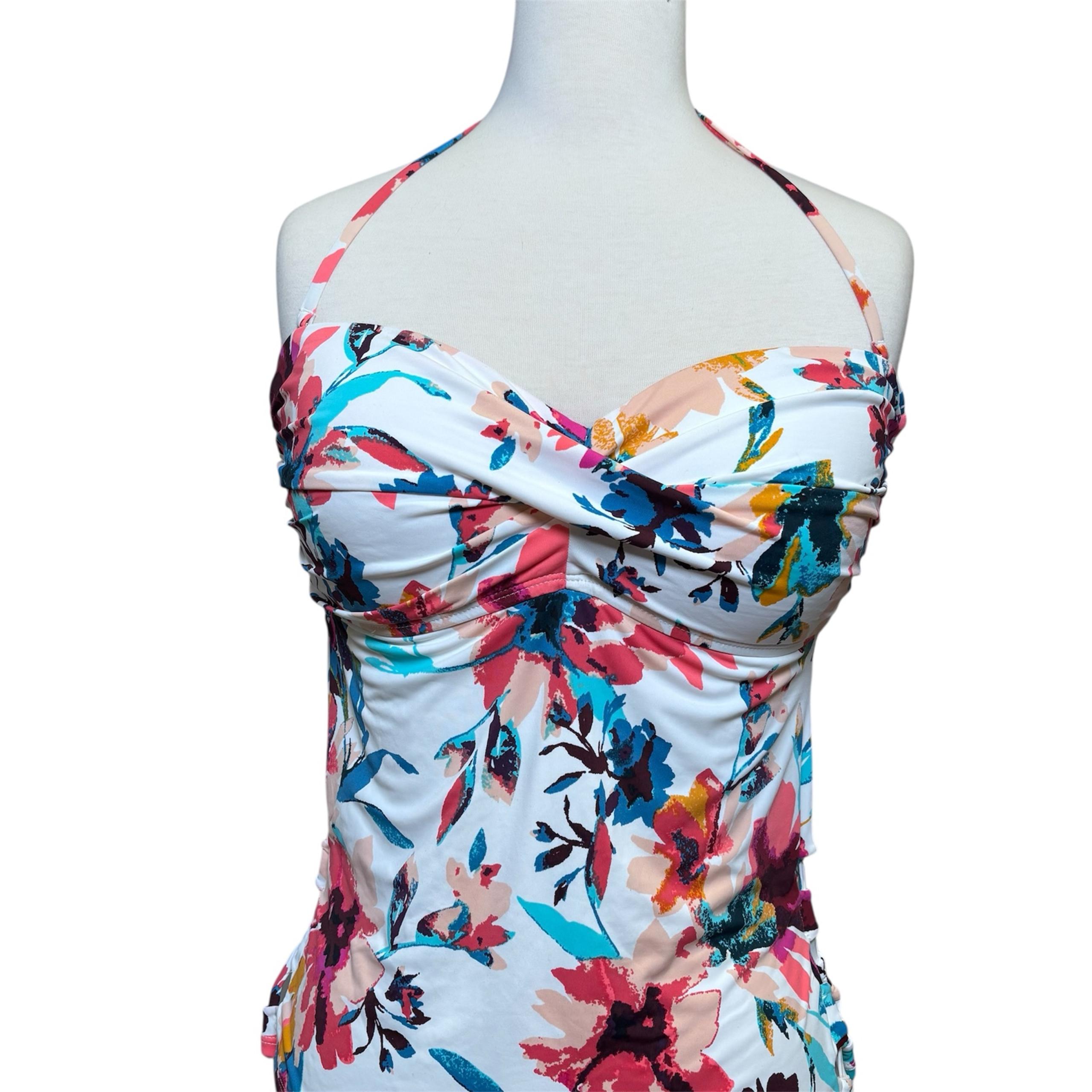 Bar III White Floral Print Bandeau Tankini Swimsuit Top Large