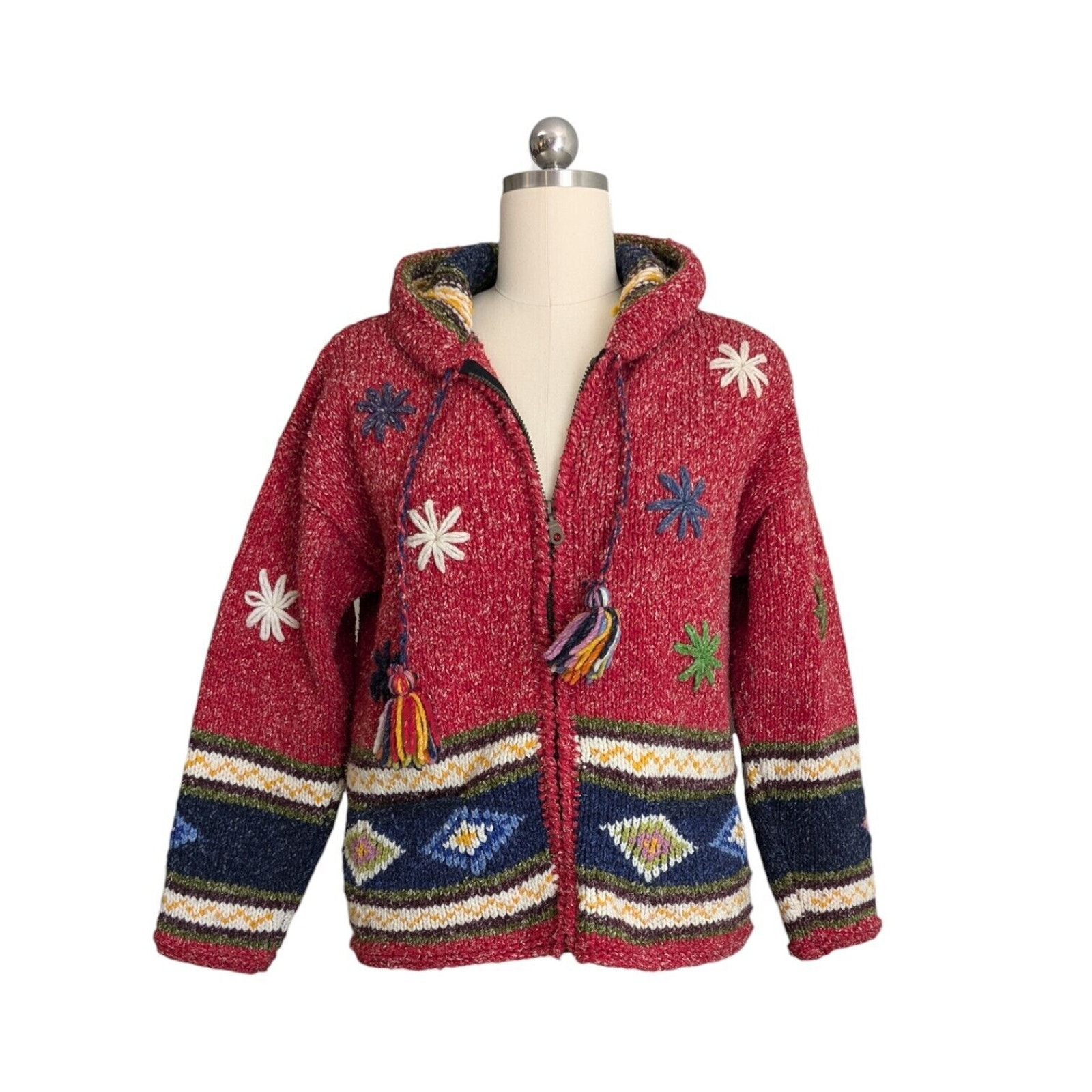 Handmade Cardigan Hoodie Sweater Wool Boho Hippie Multicolor Zip Chunky Red Blue
