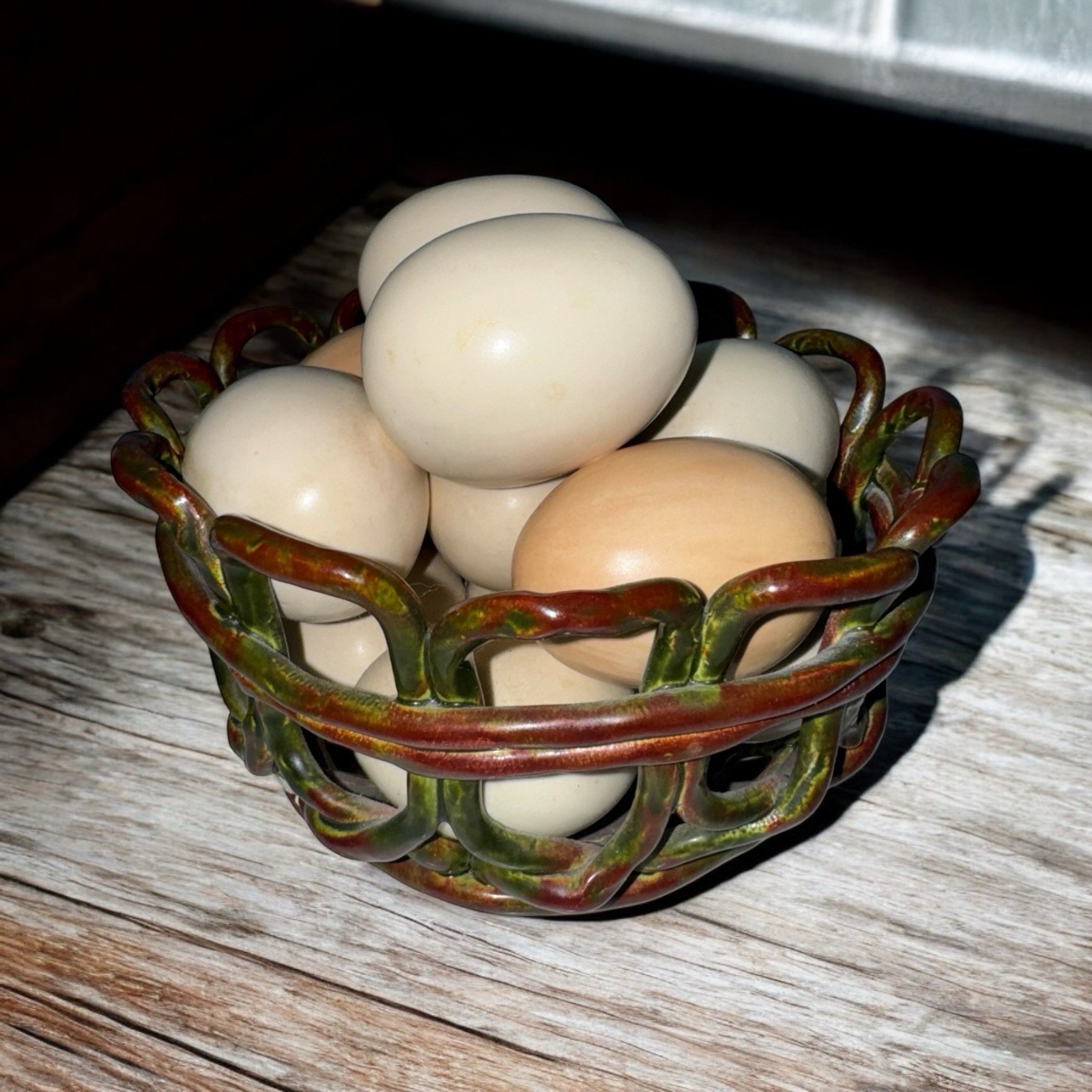 Vtg Ceramic Eggs In Basket Display Hand Painted Pottery Signed