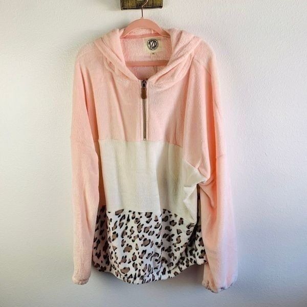T2D Pink White Animal Print Half Zip Hoodie