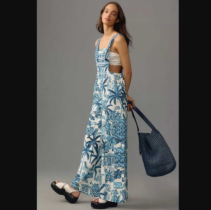 New women's S Farm Rio x Anthropologie printed denim overalls in blue print