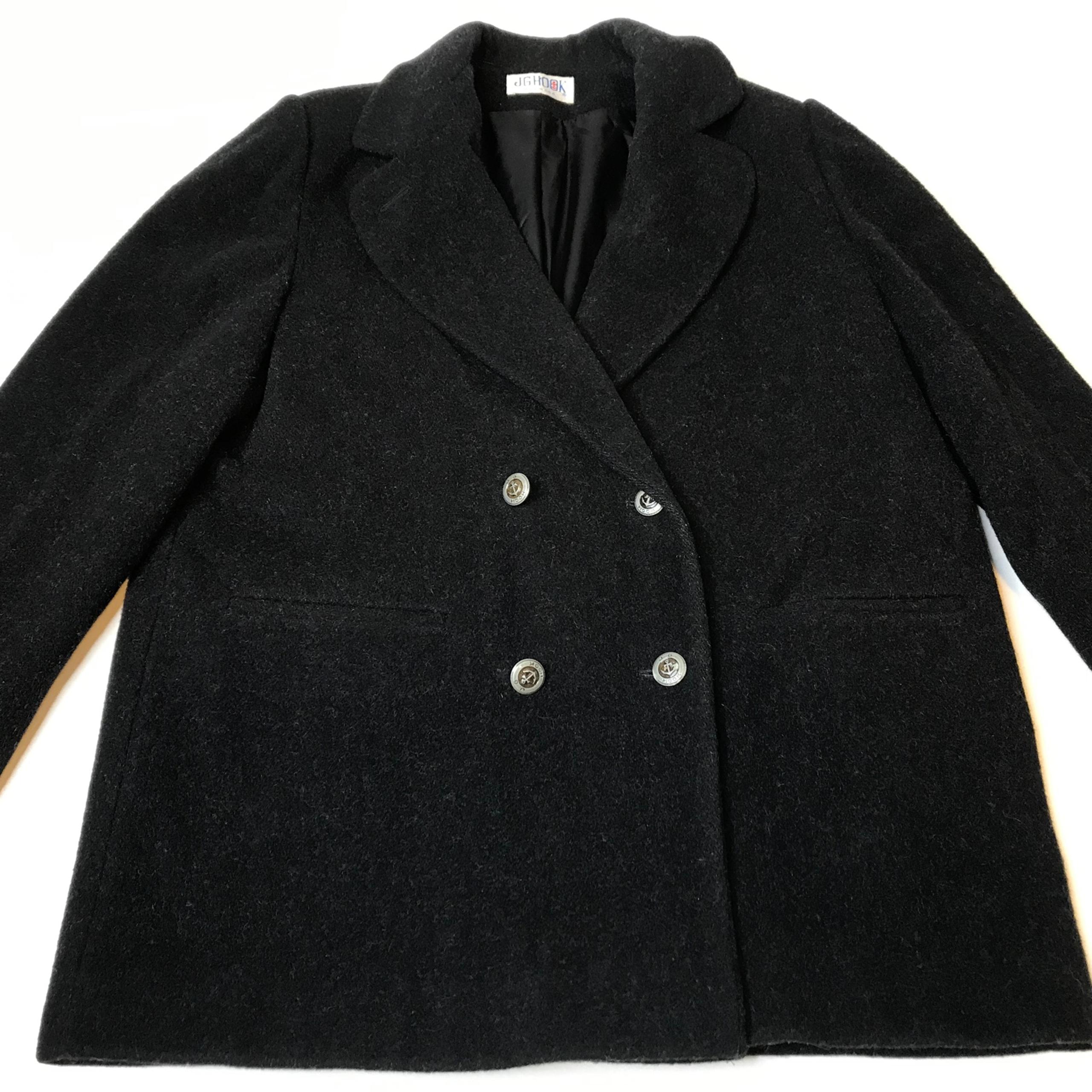 VINTAGE JG Hook Women L Wool Black Sailor Pea Coat Anchor Buttons Dble Breasted.