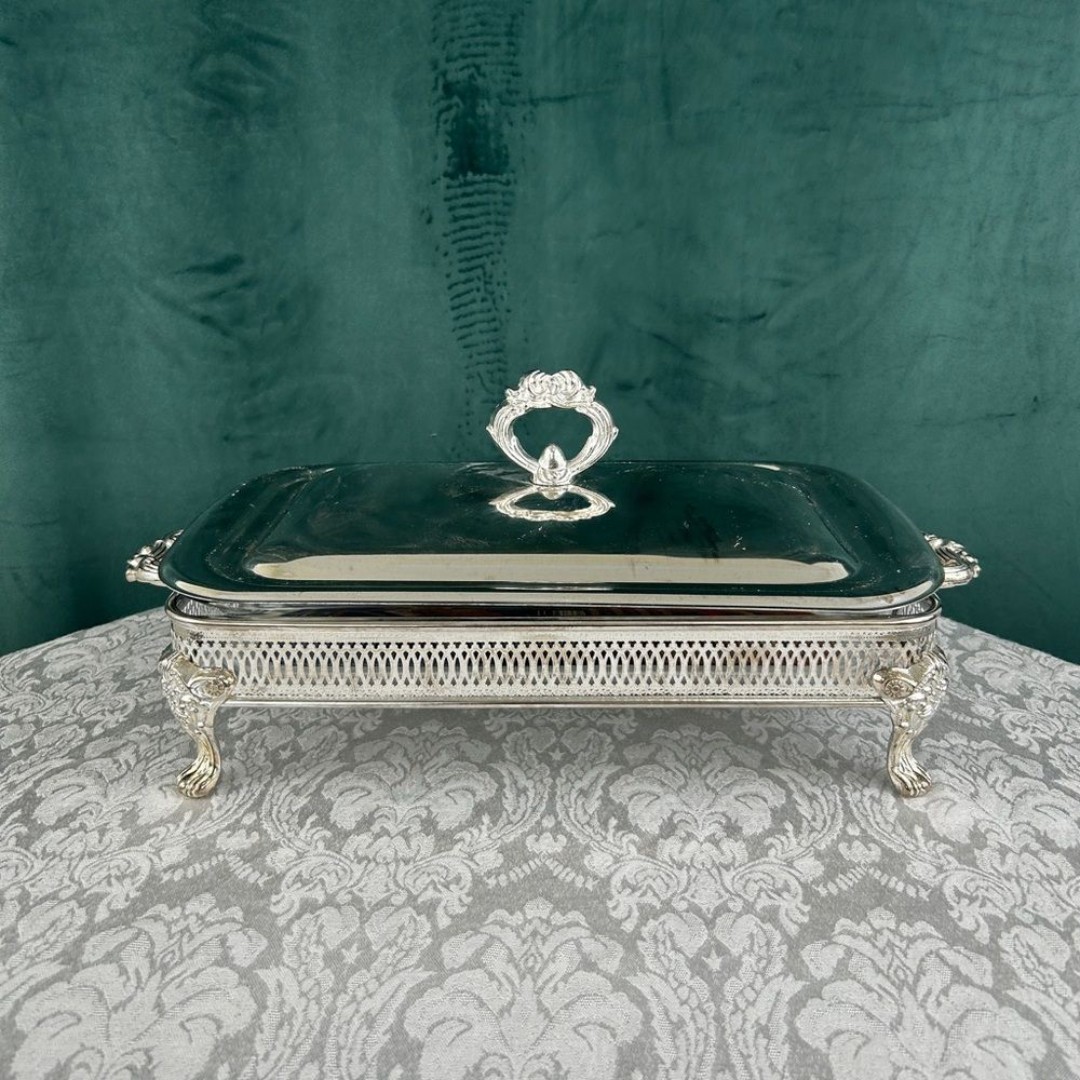 Vintage Silver Plate Footed Silver Tray with Pyrex Dish and Lid