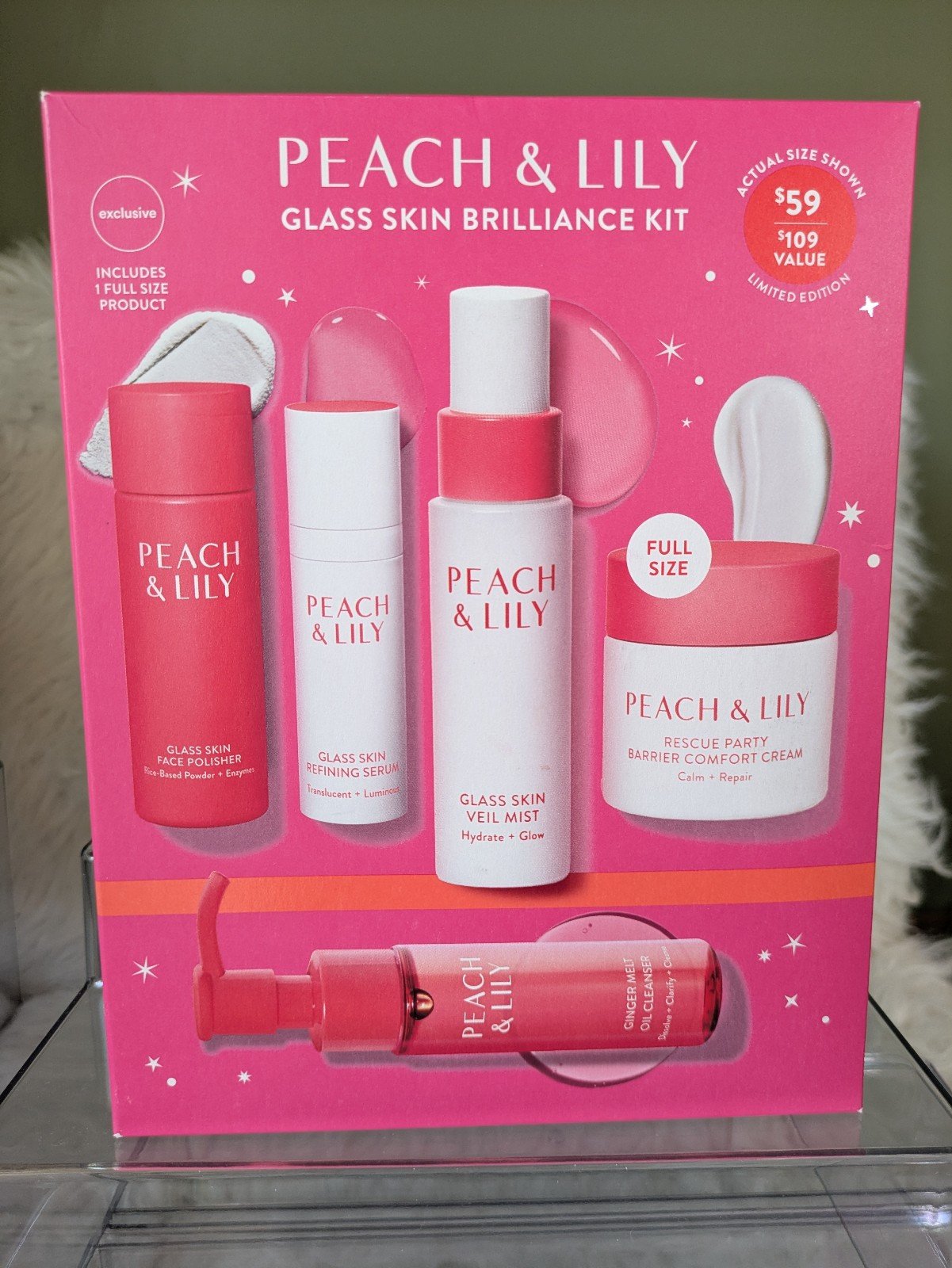 Peach & Lily Glass Skin Brillianc Kit 5 pcs 1 Full Size Moisturizer, Serum, Clea