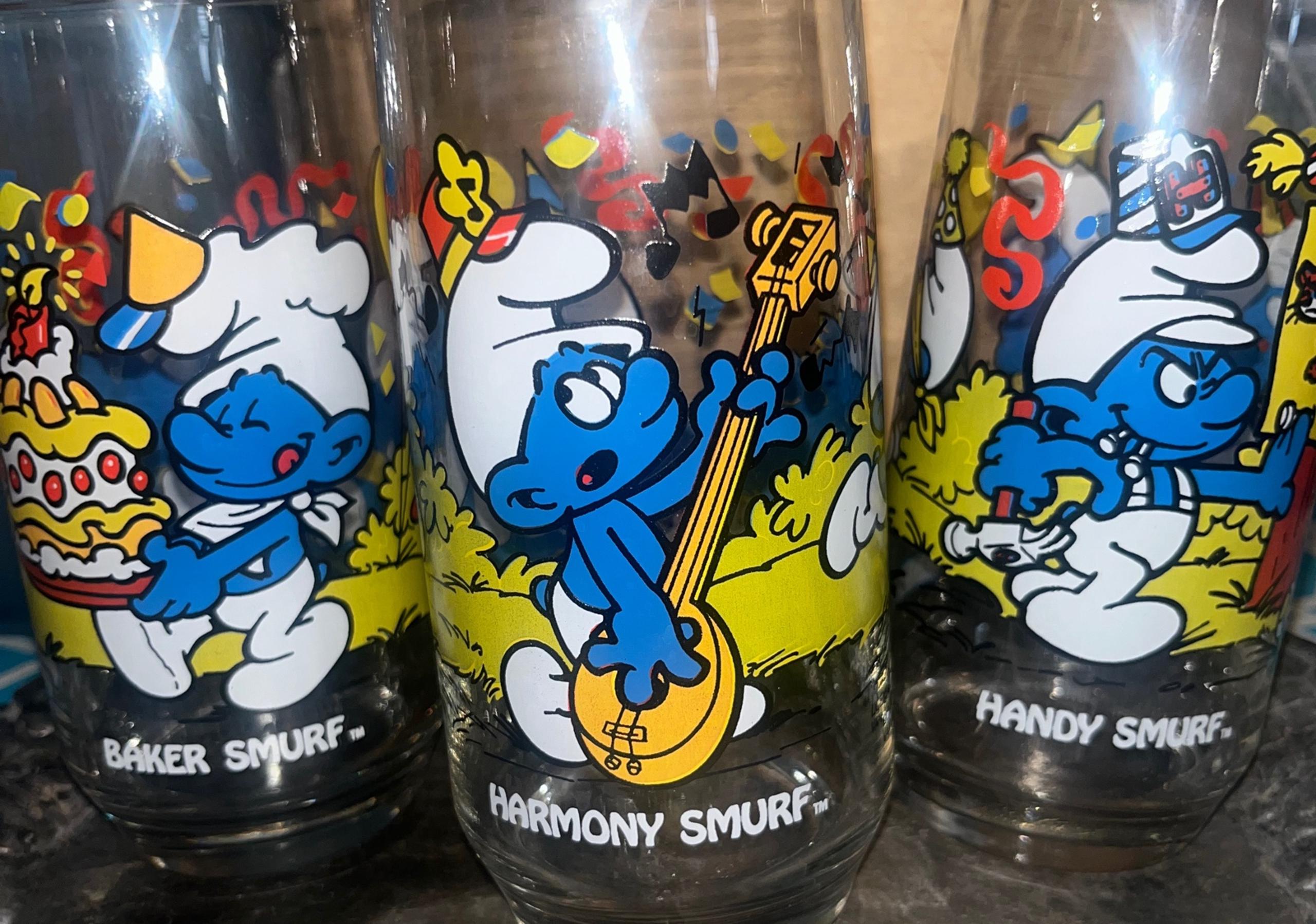 Vintage 1983 Set Of 3 Smurf Drinking Glasses Excellent Condition !