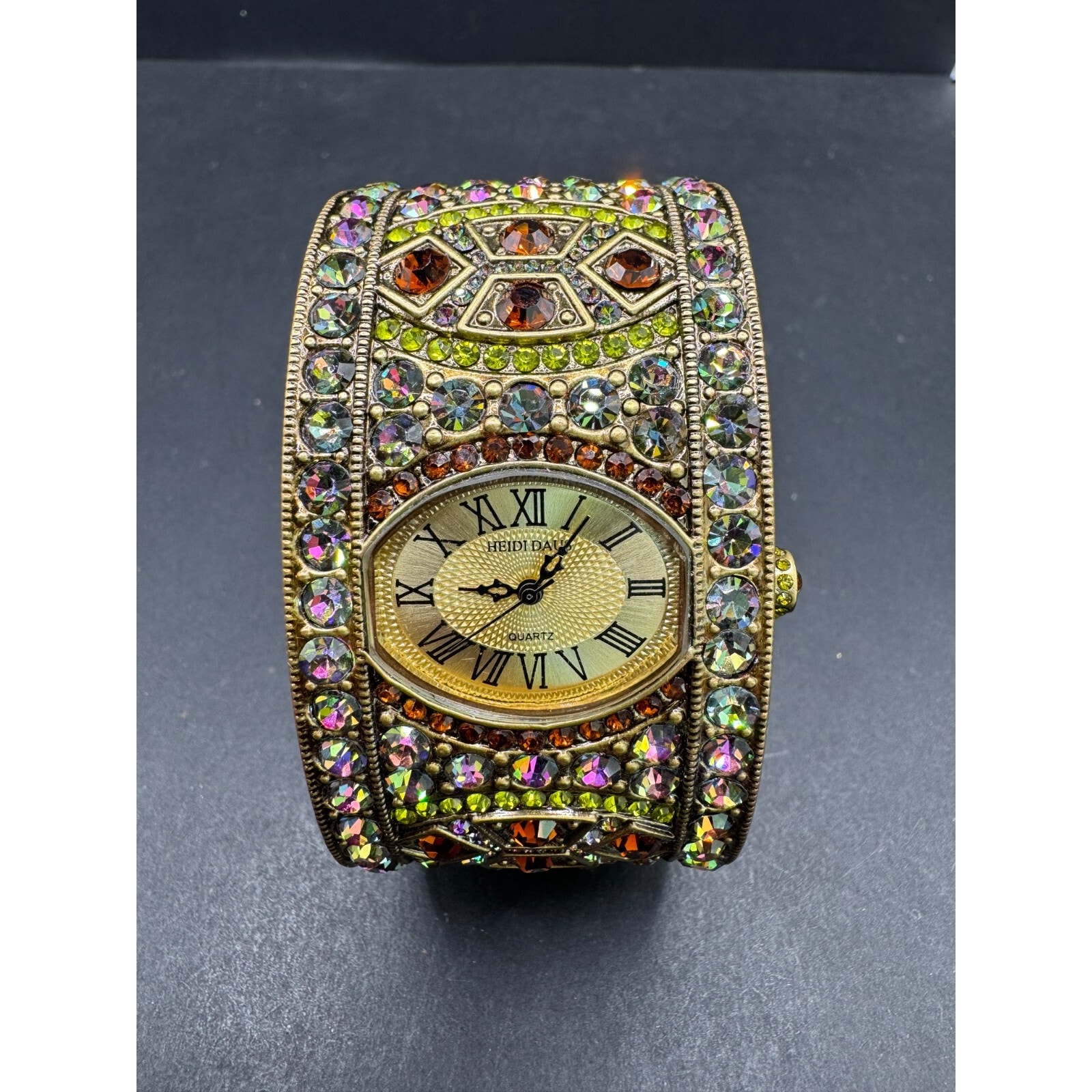 Vintage Heidi Daus B10254 Art Deco Multicolored Gems Cuff Watch Japan Quartz
