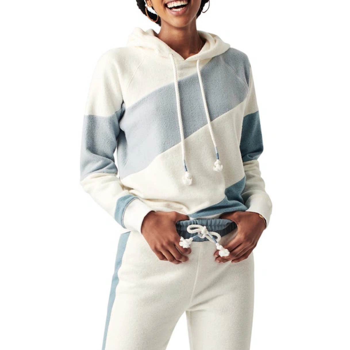 FAHERTY Ripple Stripe Hoodie In Sea Breeze Blue White Size S