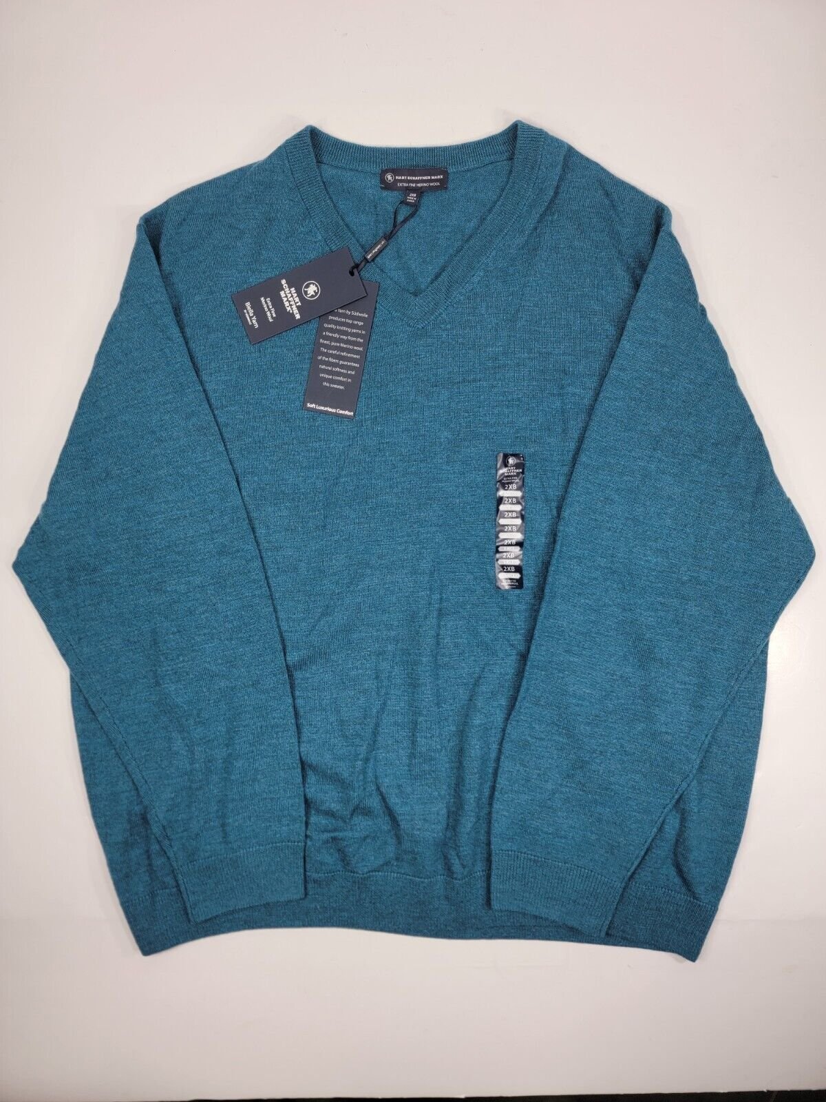 NEW Men's HART SCHAFFNER MARX Teal Blue Merino Wool V-Neck Sweater 2XB 2XL NWT