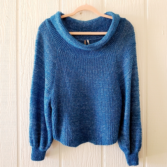 Free People Edessa Off The Shoulder Oversized Boxy Slouchy Ribbed Knit Blue XS