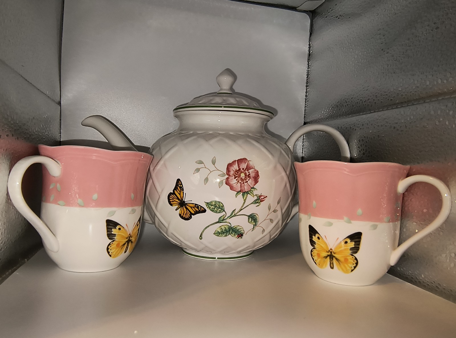 Vintage Lenox Butterfly Meadow Teapot & Teacups Porcelain Louis Le Luyer