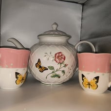 Vintage Lenox Butterfly Meadow Teapot & Teacups Porcelain Louis Le Luyer
