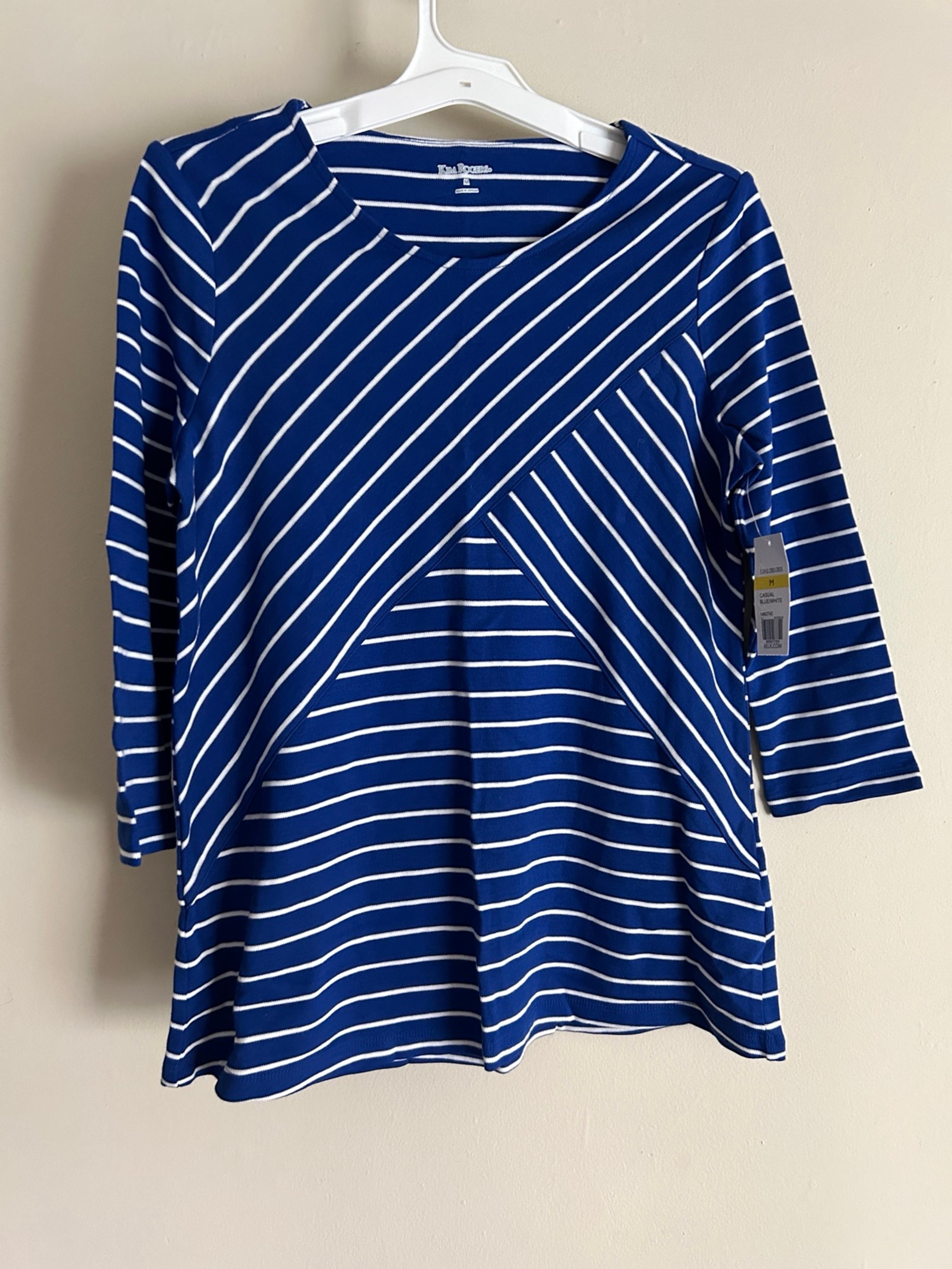 Kim Rogers Womens Knit Top size M Royal Blue White Stripes 3/4 Sleeve