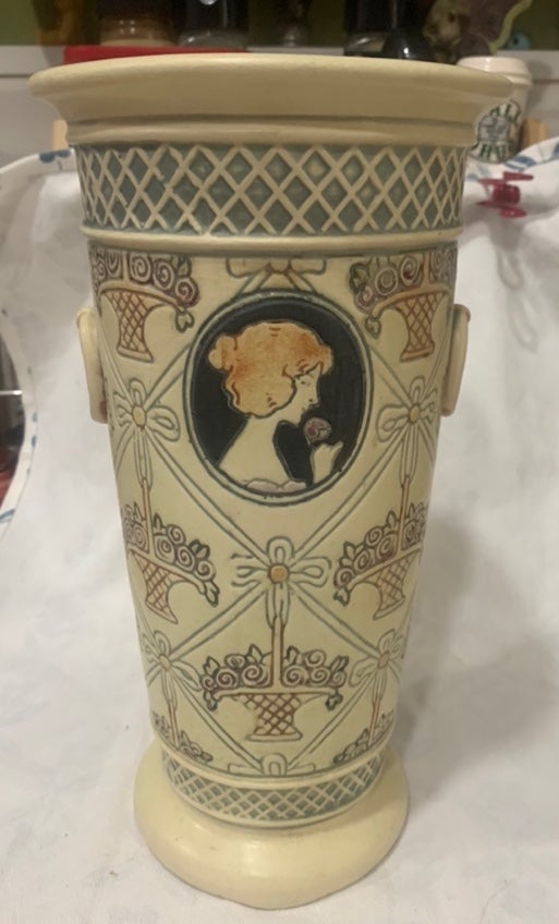 Weller Ethel Creamware c1915 Antique Art Pottery Ivory Blue Tall Ceramic Vase