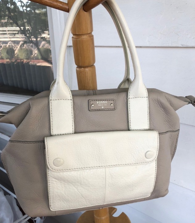Fossil Gray White Satchel Bag Purse