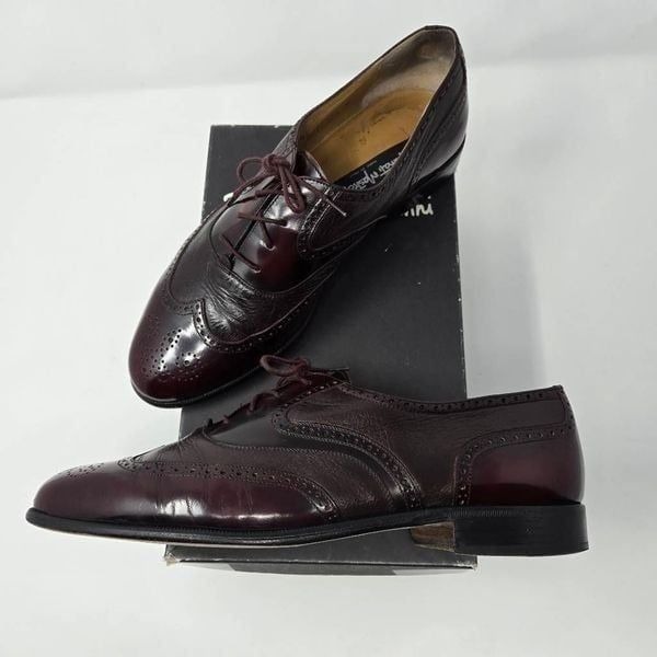 STAMATI MASTROIANNI ITALY BURGUNDY PATENT DEERSKIN WINGTIP OXFORDS MENS 10.5