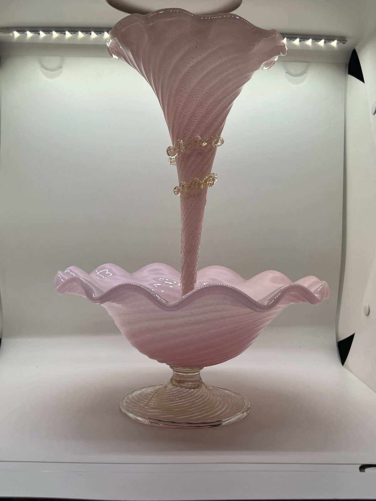 Fratelli Toso Murano Single Epergne Italy Pink Cased Glass with Gold Mica