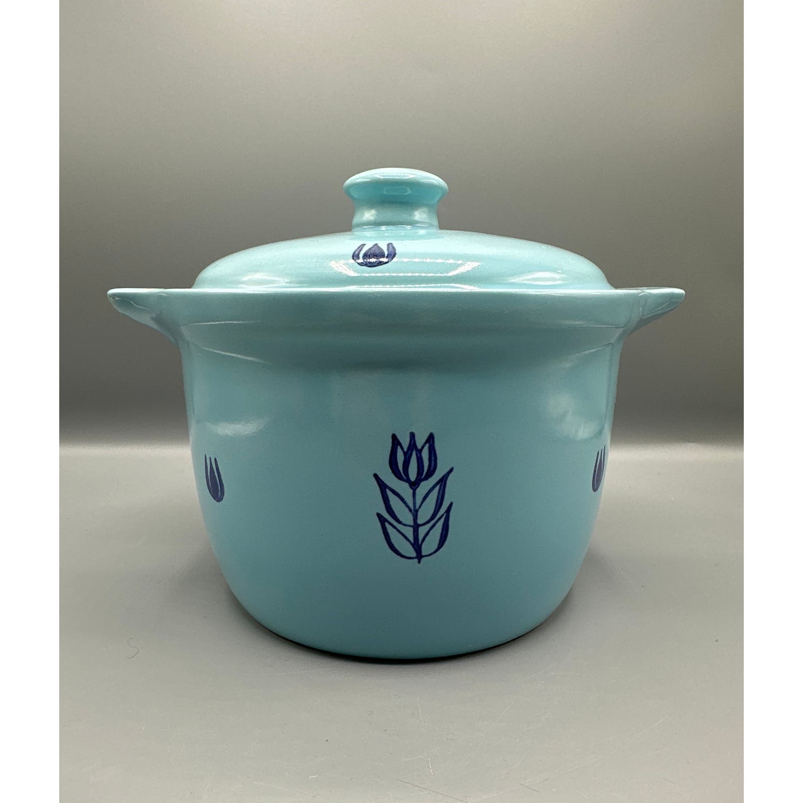 Vintage Cronin Pottery Blue Tulip Lidded Bean Pot Crock Dutch Oven Ovenware