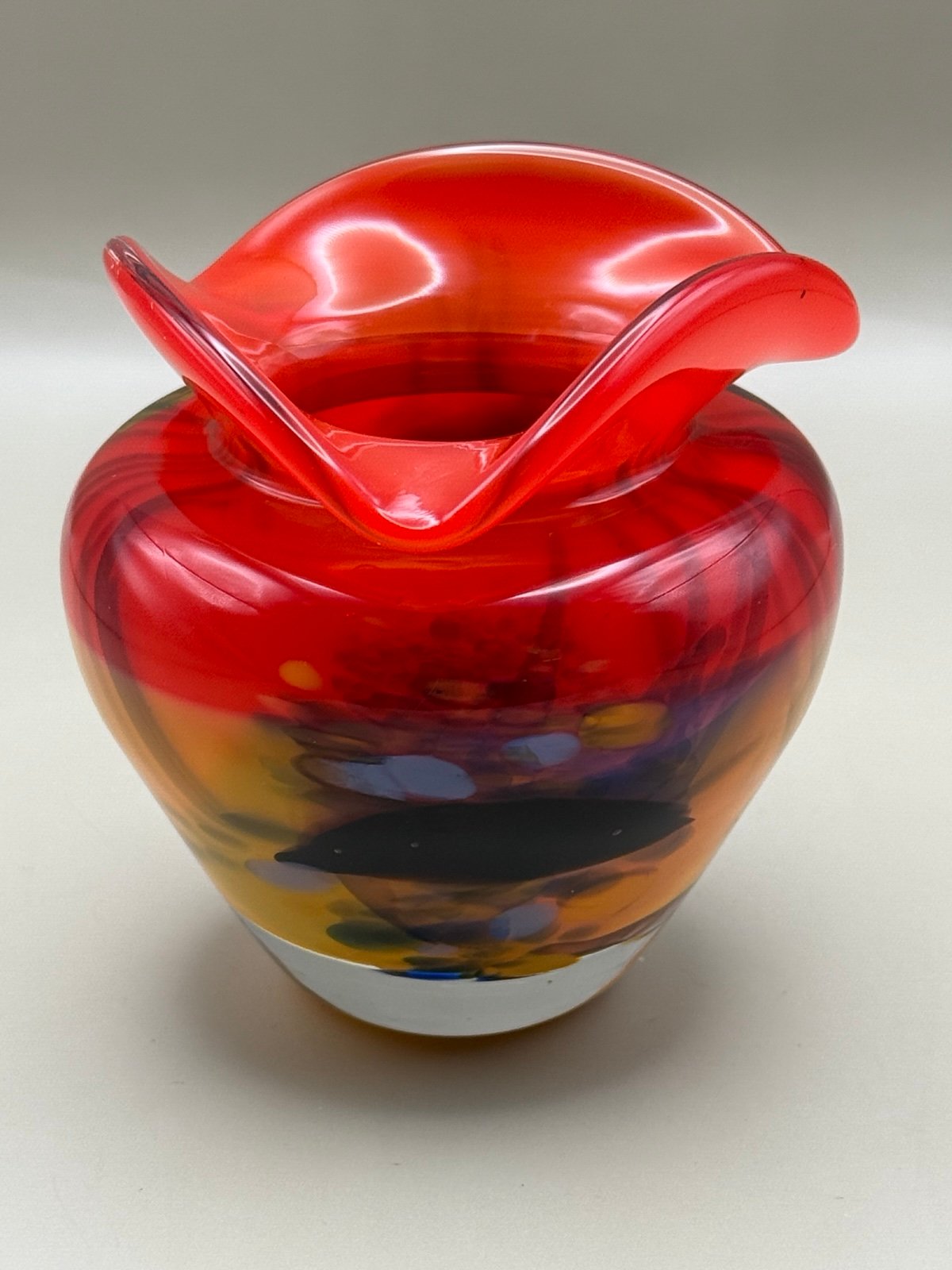 Vintage Signed Beuern Studio Art Glass Red Vase With Black And Yellow Colors