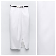 NWT. Zara White High-Waist Midi Pencil Skirt with Contrast Belt. Size L.