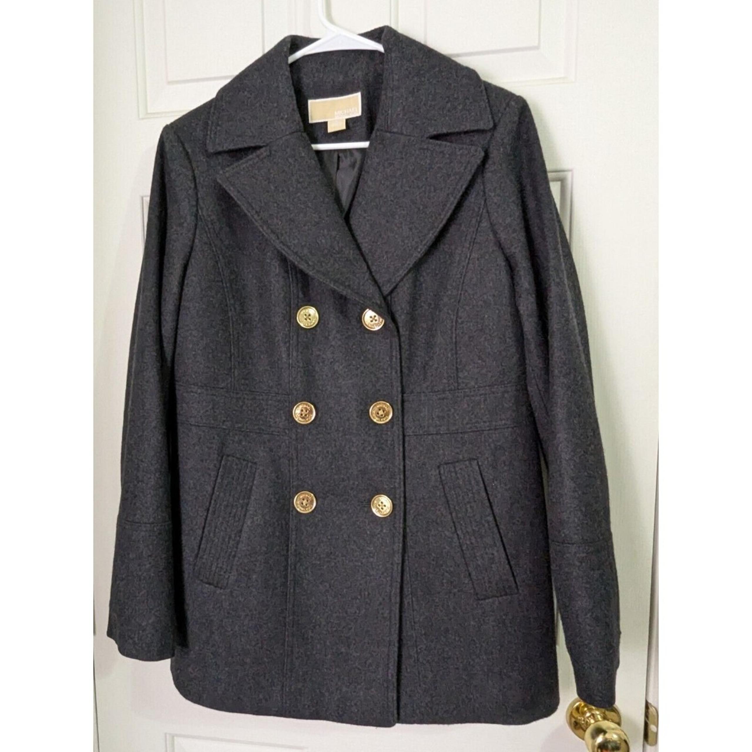 Michael Kors Peacoat Women Large Gray Wool Blend Double Breasted Button Classic