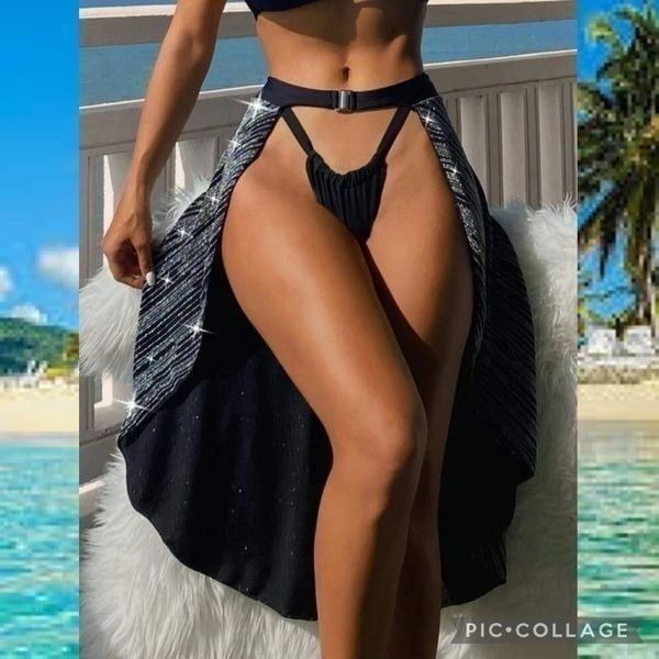 Luxe Black Glitter Maxi Bikini Swimsuit Coverup Skirt Size Large