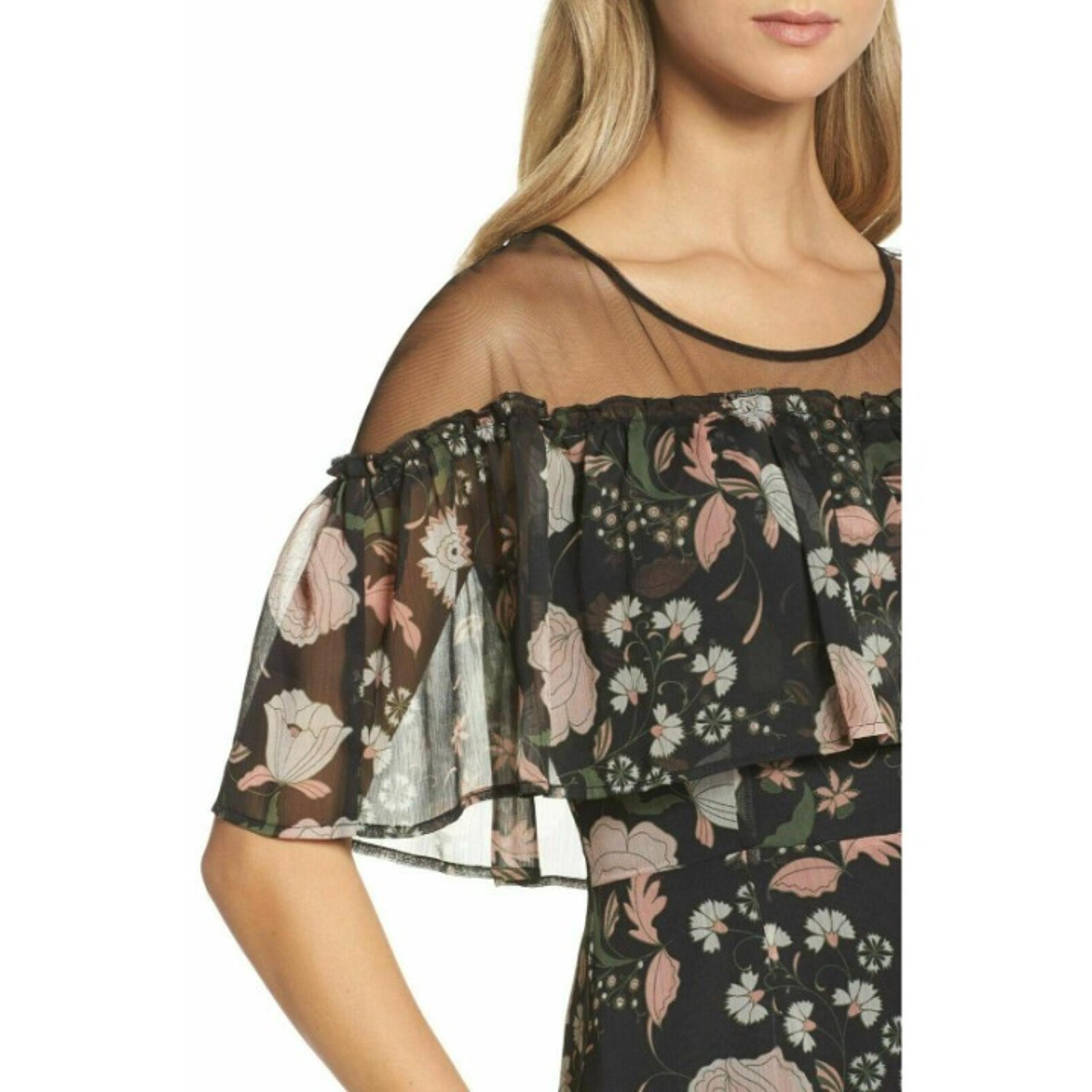 Bb Dakota Women's Floral Mesh Rella Ruffle Sheath Midi Dress Size 4 Black