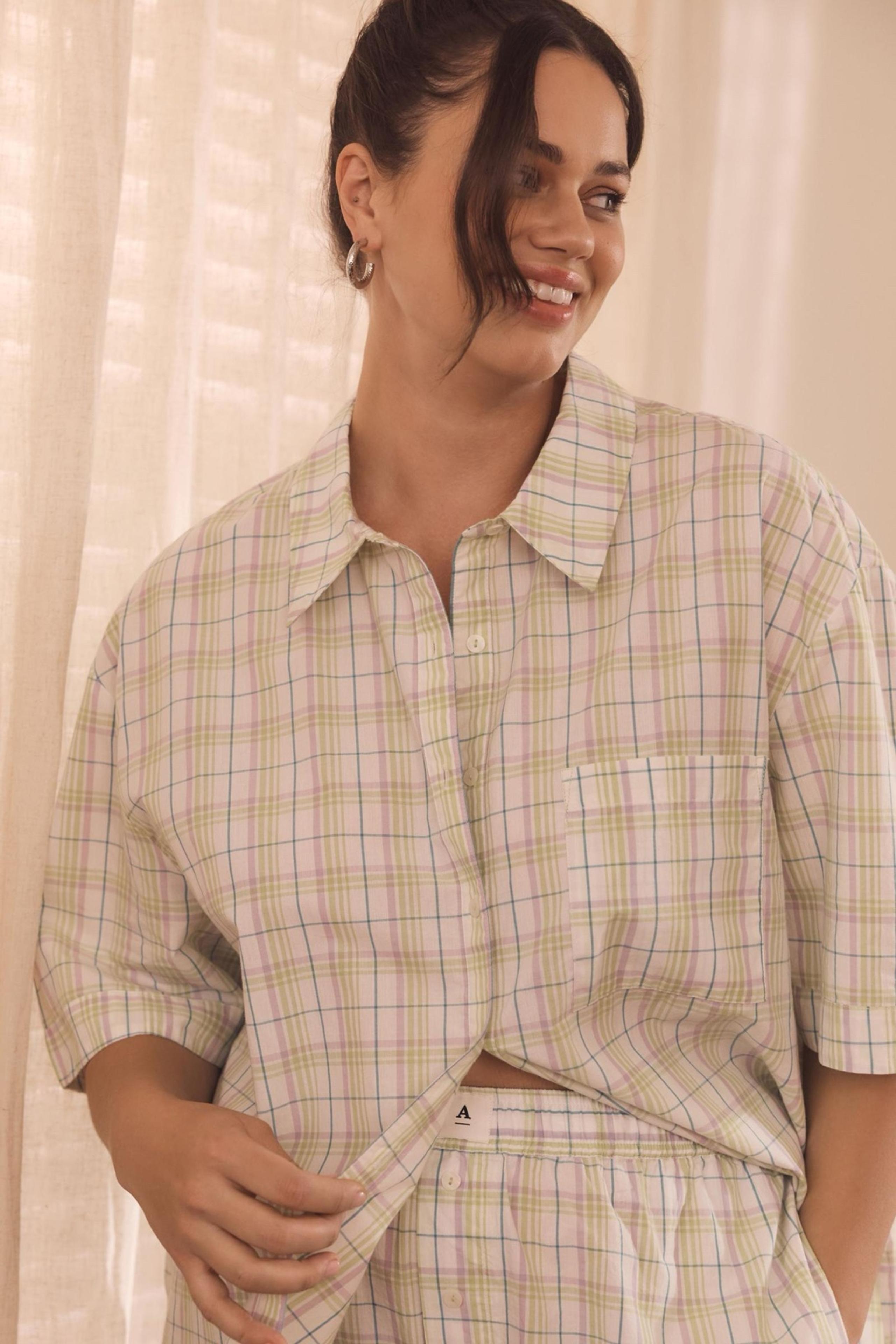 NWT By Anthropologie Short Sleeve Button-up Pajama Top Plaid Women’s L Oversized