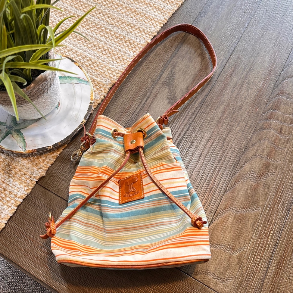 La Espuela Spain Moraira Bucket Bag Striped Drawstring Leather Trim Small Purse