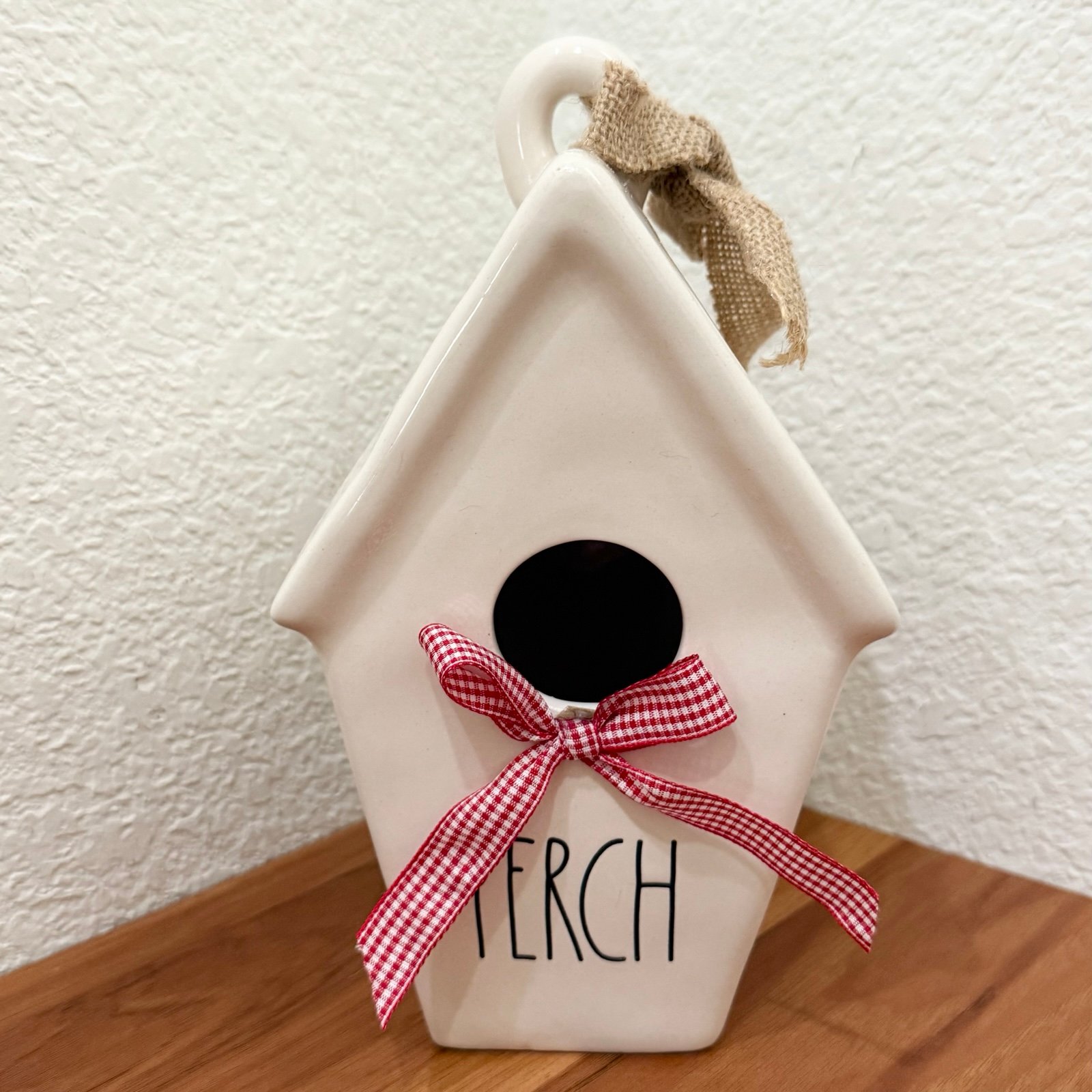 RAE DUNN PERCH Artisan Collection by Magenta Red Plaid Ribbon Bird Birdhouse