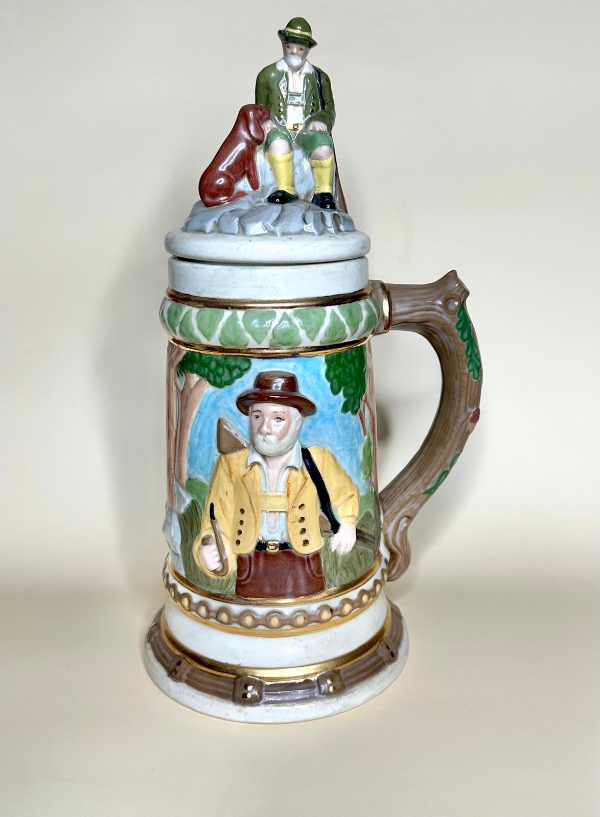 Vintage Ceramic Handpainted Stein Man With Hunting Dog 1973