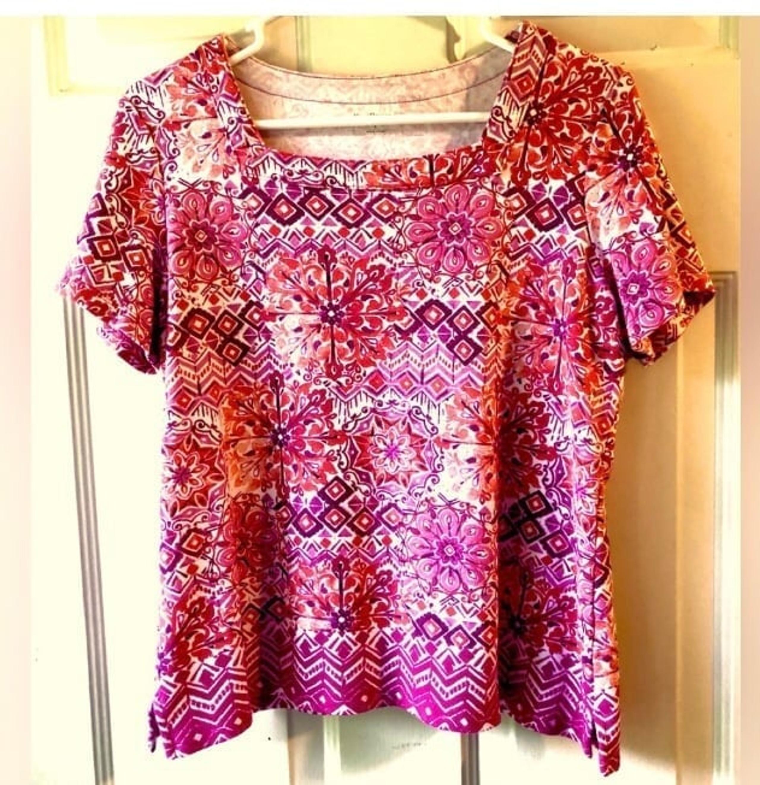 Kim Rogers Coral Orange Mauve Purple Boho Mandala Square Neck Knit Top Large