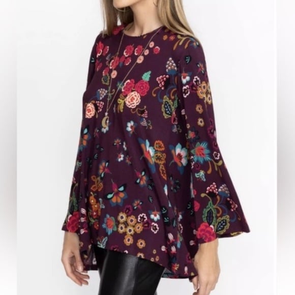 Johnny Was The Janie Favorite High Neck Swing Tunic Top Floral Medium Maroon A2