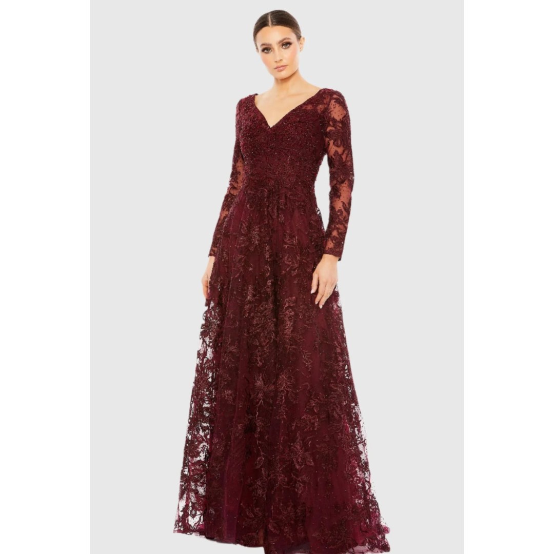 Mac Duggal Red Embellished Illusion V Neck Long Sleeve Gown, 10, NWT