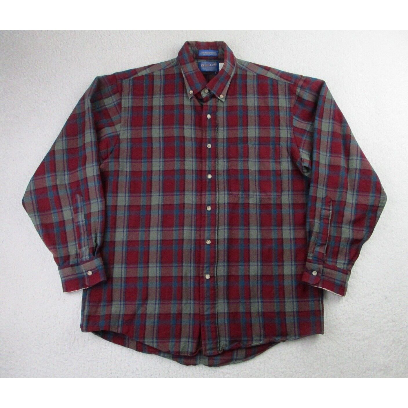 VTG Sir Pendleton Shirt Mens L Red Blue Plaid Wool Long Sleeve Western *READ*