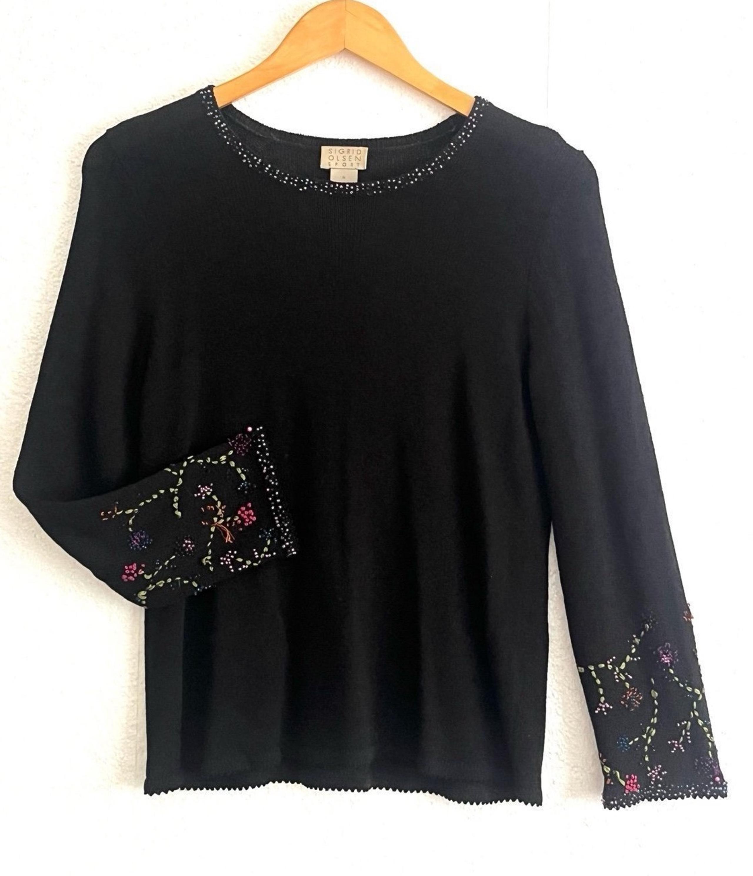 Sigrid Olsen Sport Beaded Silk Sweater Black Stretch Knit Floral Party Womens S