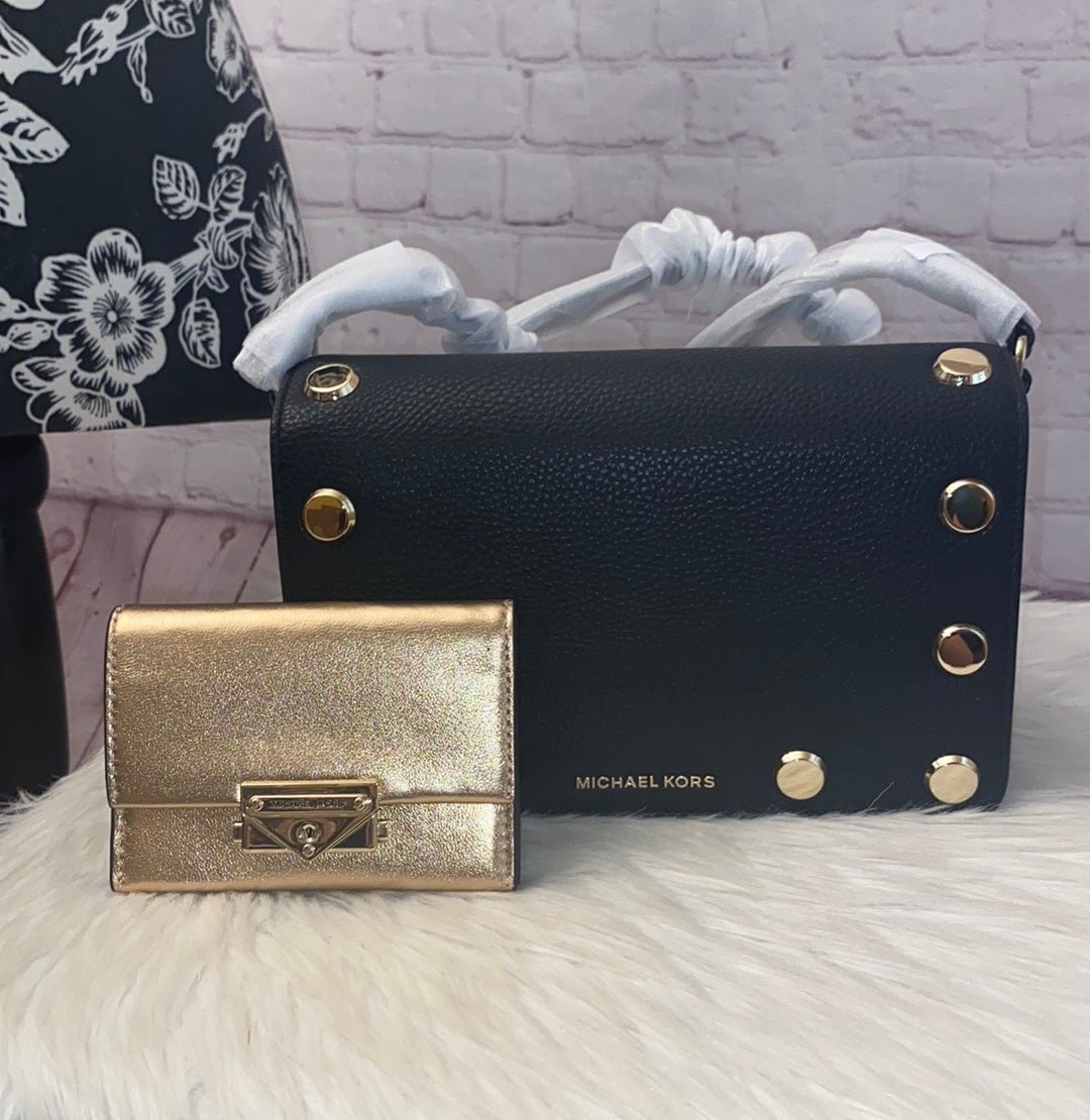 Michael Kors HOLLY Studded Flap Crossbody/CECE Flap Card Case Wallet 2pc Set