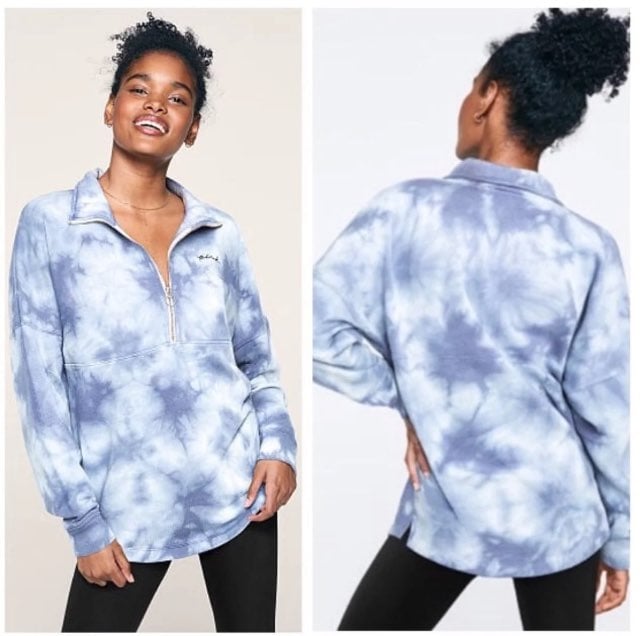 VS PINK VARSITY HALF-ZIP TIE DYE L