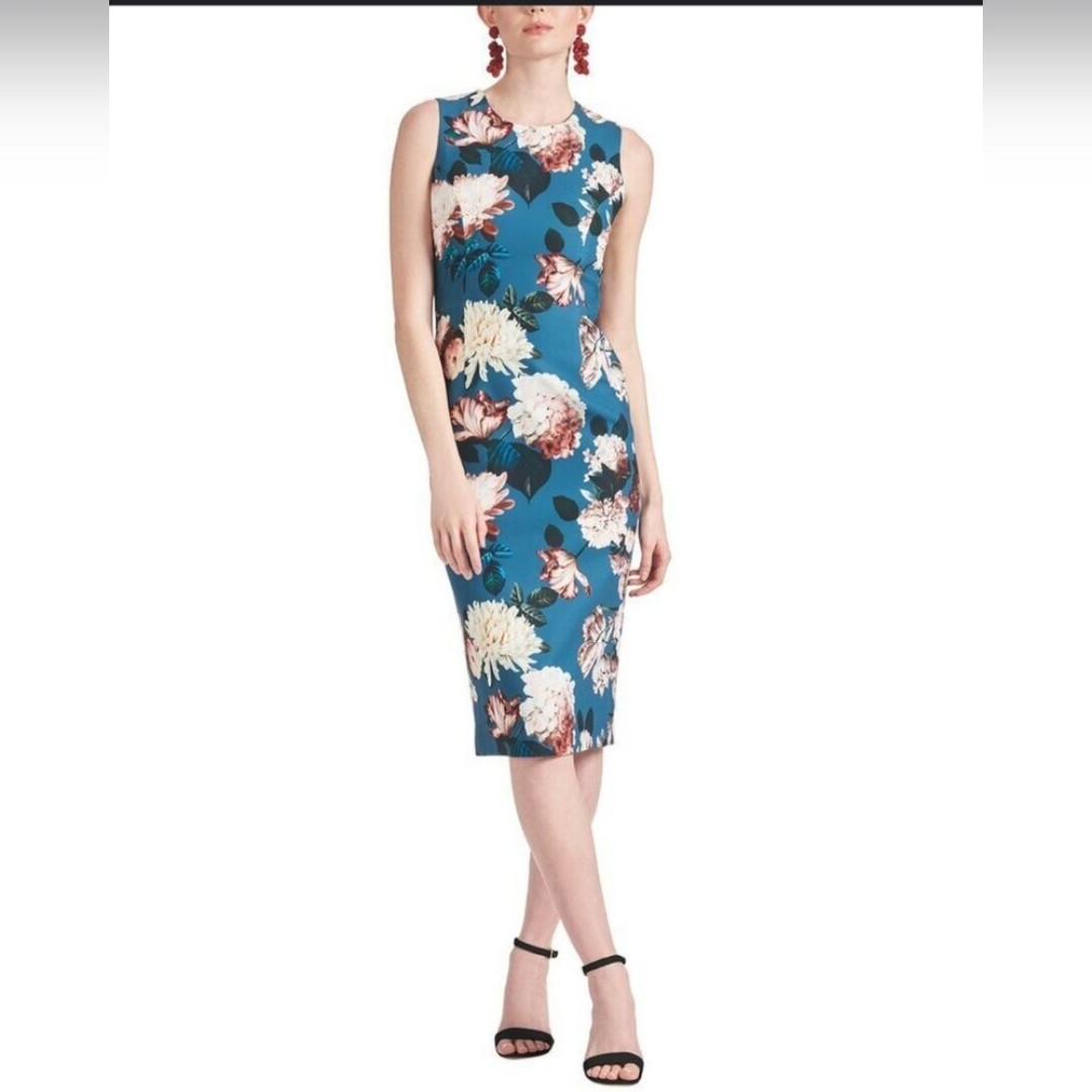 NWT Sachin & Babi Anna Dress 4 Floral Teal Midi Sleeveless Printed Bow Round