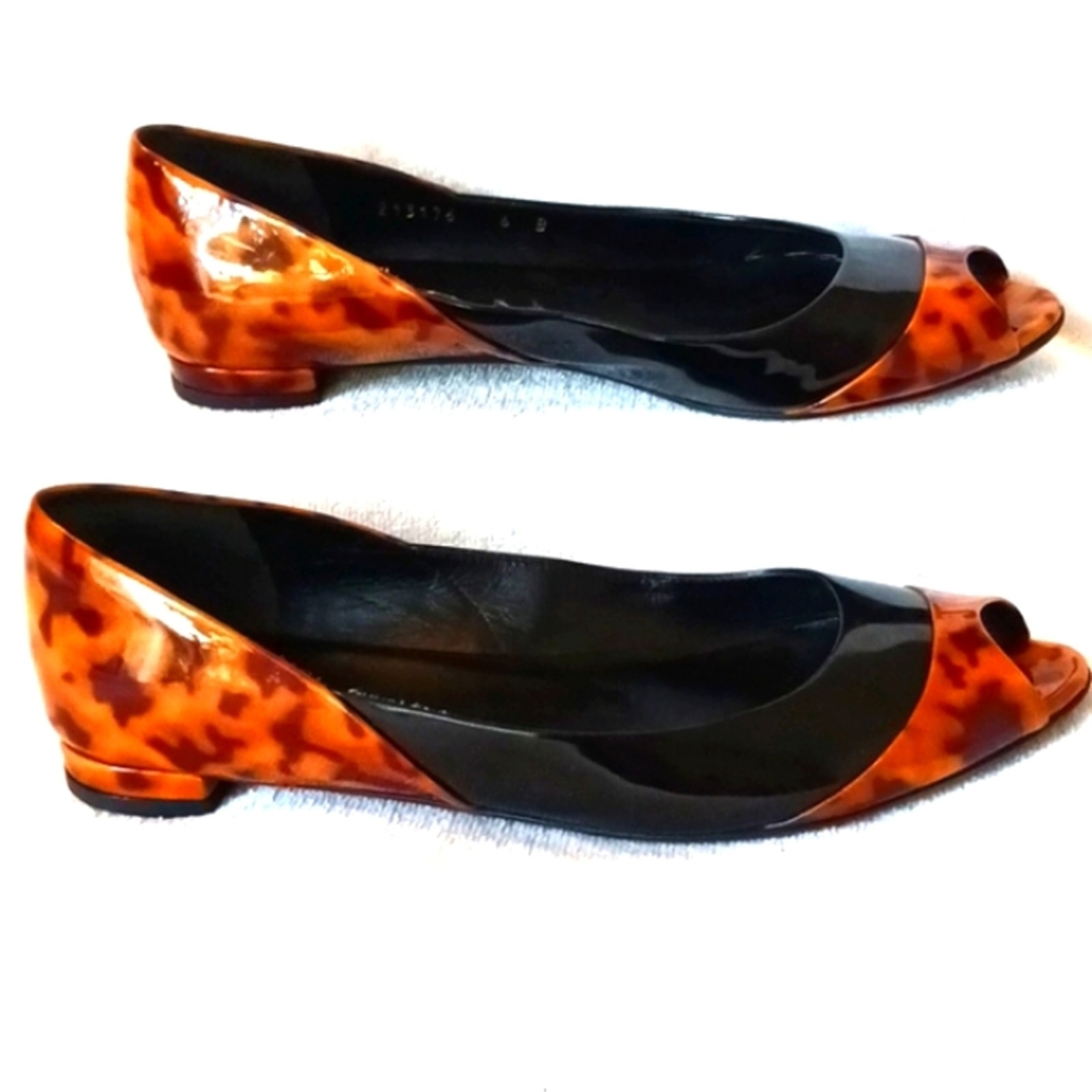 GUCCI Patent Leather Open Toe Flat Sz 6B Animal Print Leopard BLACK Orange Brown
