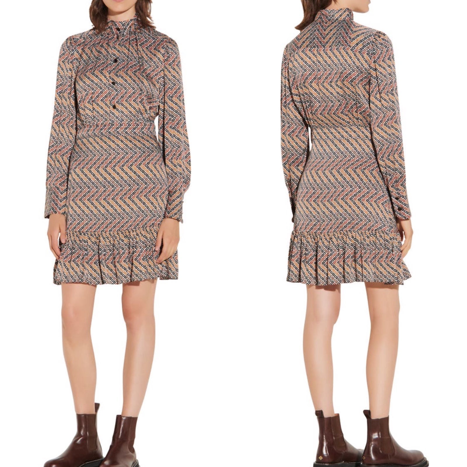 sandro Greek Key Print Long Sleeve Dress