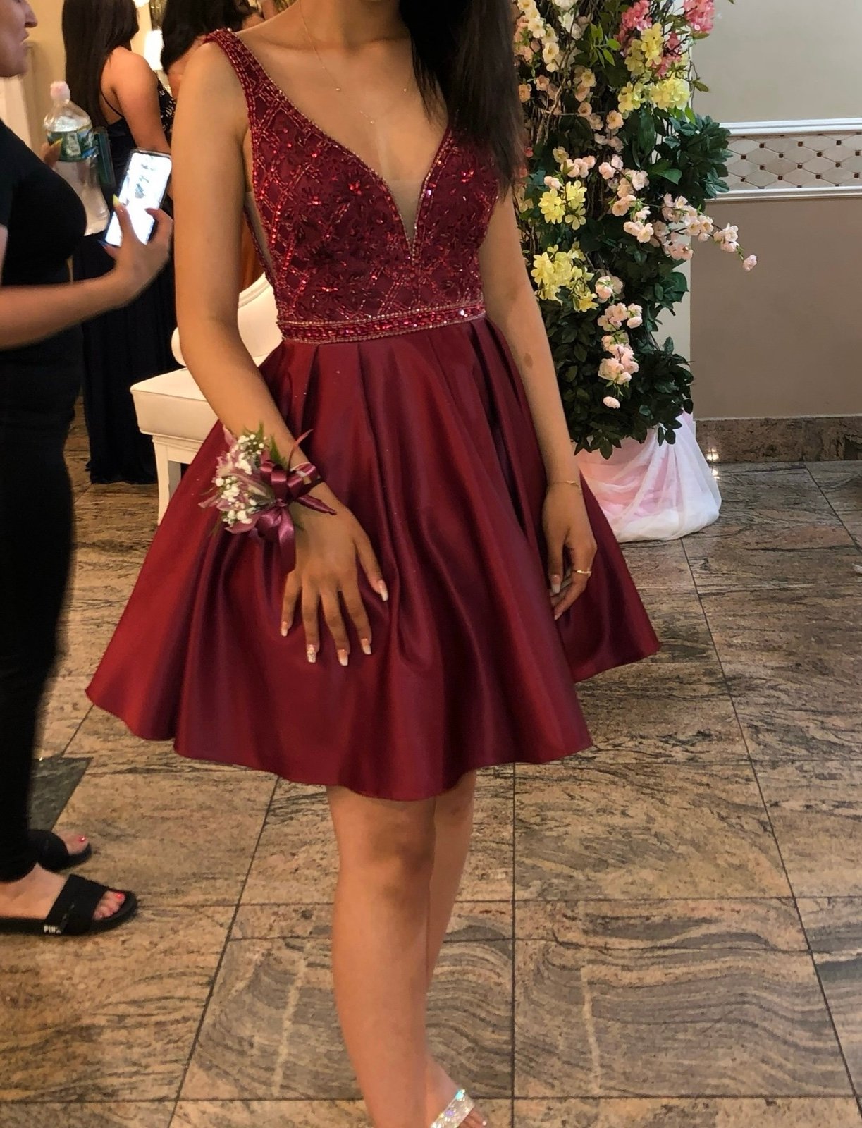 Wine red embellished V-cut prom dress with hidden pockets and shall