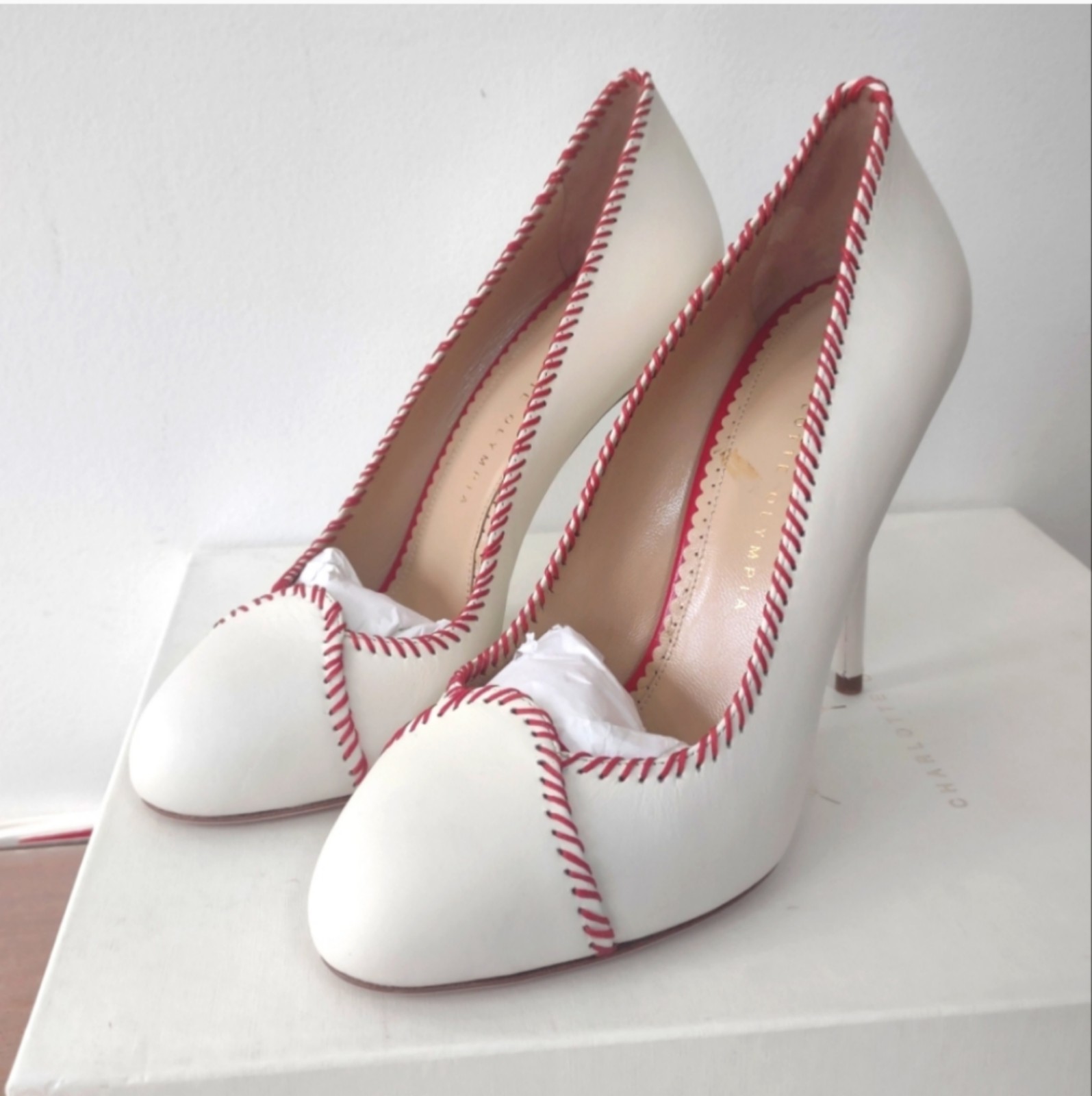 Charlotte Olympia Home Run Baseball cream and red heels 40/ 8.5 NIB read