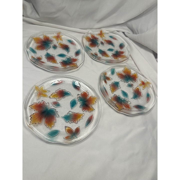 fall leaf vintage glass 9 inch dinner plate green red orange clear set of 4