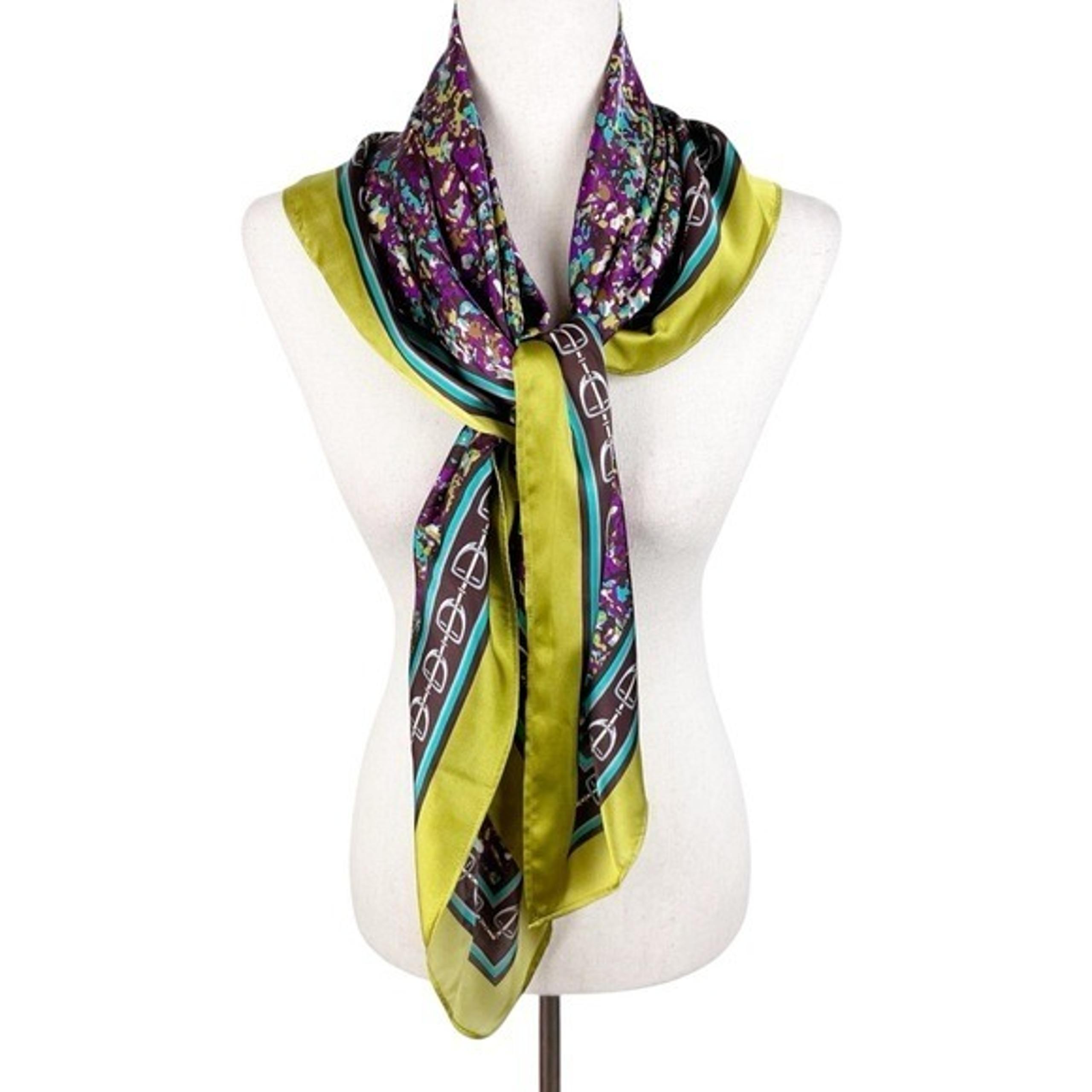 Vintage Oversized Silky Satin Square Scarf Equestrian Print Purple Green Speckle