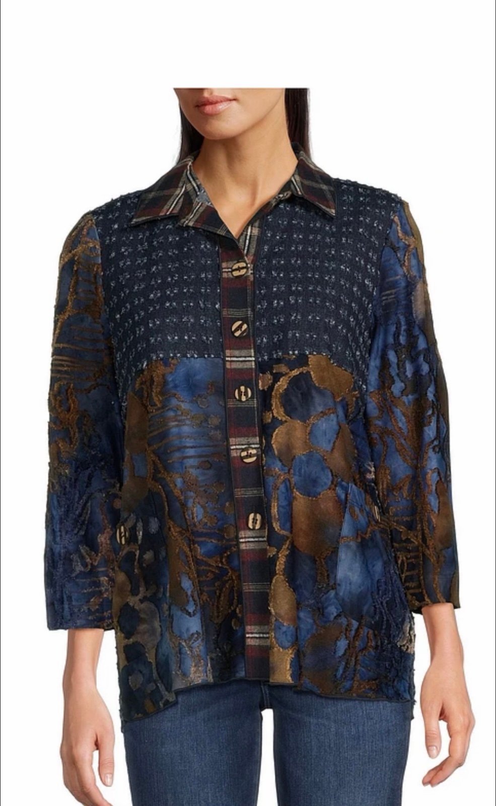 Ali Miles Petite Size Mix-Media Printed Point Collar Long Sleeve Button-Front Tu