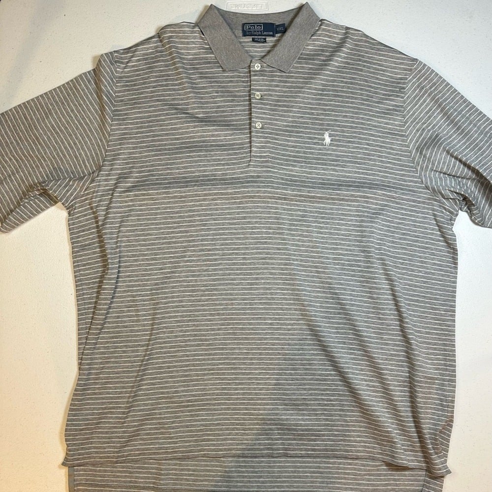 Polo Ralph Lauren Polo Shirt Mens XXL Gray Stripe SS Golf Pima White Pony Logo