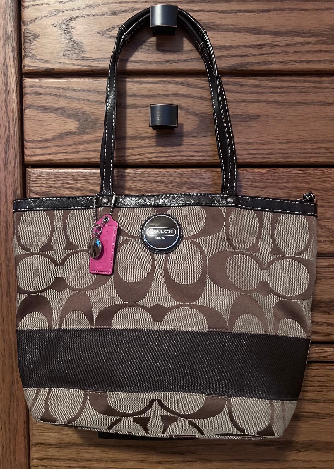 COACH Signature Tote Khaki/Mahogany Brown Shoulder Bag Purse Used Once!
