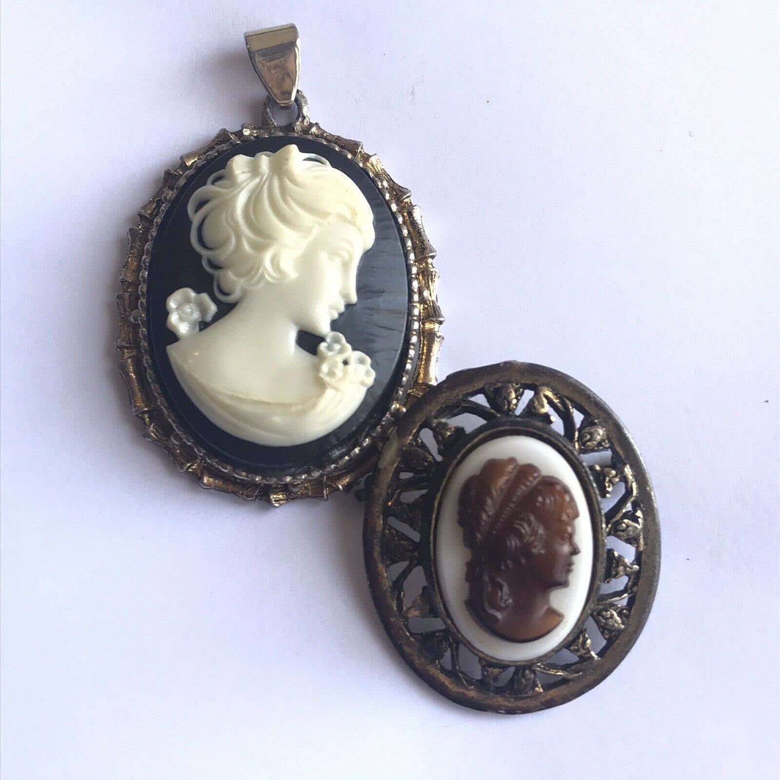 Vintage Pendant & Brooch Pin Victorian Silhouette Woman French Art Cameo Jewelry